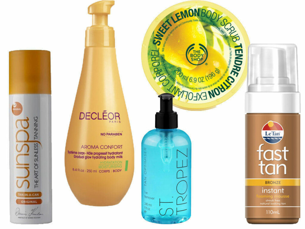 PRODUKTFAVORITTER: SunSpa (Tan In A Can) 269,- Decleor (Gradual glow hydrating body milk) 439,- St. Tropez (Tan remover) 249,- Body shop (Sweet lemon body scrub) 189,- Le Tan (Fast tan - Instant bronze) 129,- PRODUKTFAVORITTER: SunSpa (Tan In A Can) 269,- Decleor (Gradual glow hydrating body milk) 439,- St. Tropez (Tan remover) 249,- Body shop (Sweet lemon body scrub) 189,- Le Tan (Fast tan - Instant bronze) 129,-