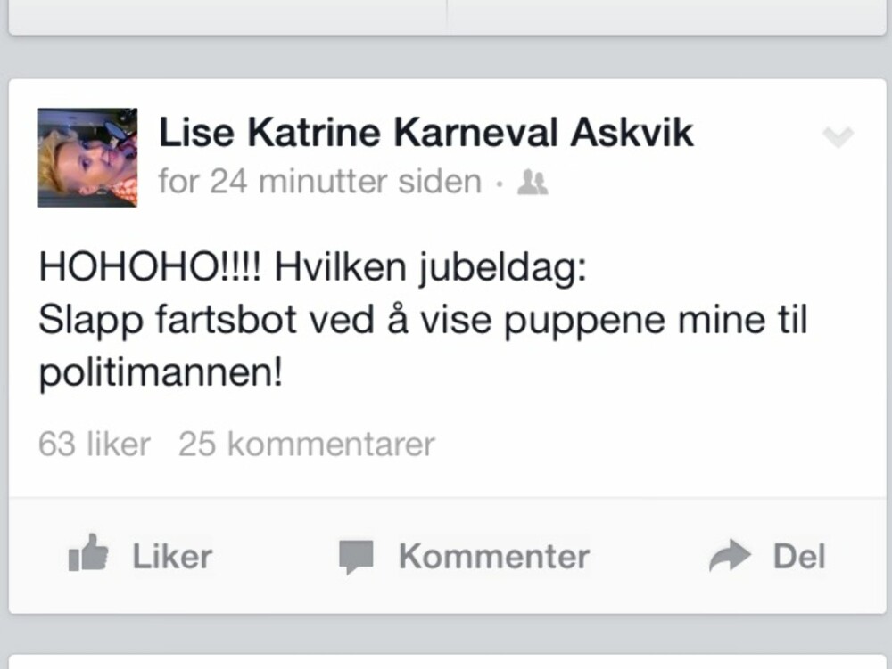 VAKTE OPPSIKT: Lise Askvik la ut denne statusen som en del av en Facebook-aksjon, som ruller og går i disse dager. VAKTE OPPSIKT: Lise Askvik la ut denne statusen som en del av en Facebook-aksjon, som ruller og går i disse dager.