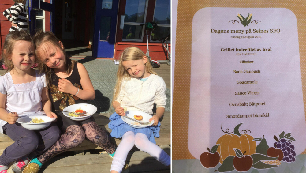 Julie, Aurora og Linnea koser seg med maten på SFO på skolen. Til høyre er et eksempel på en meny på Selnes skole. Julie, Aurora og Linnea koser seg med maten på SFO på skolen. Til høyre er et eksempel på en meny på Selnes skole.