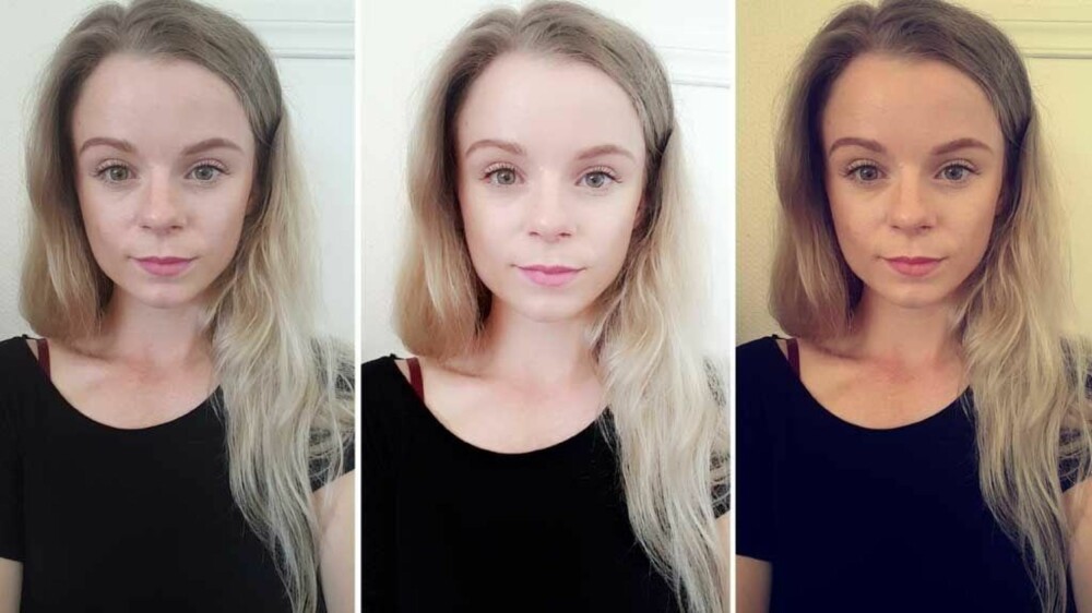 Her er det første bildet fra venstre uten filter, så er det lagt på beautyfilter og det siste bildet viser samme bilde med solbrun-filter. Her er det første bildet fra venstre uten filter, så er det lagt på beautyfilter og det siste bildet viser samme bilde med solbrun-filter.