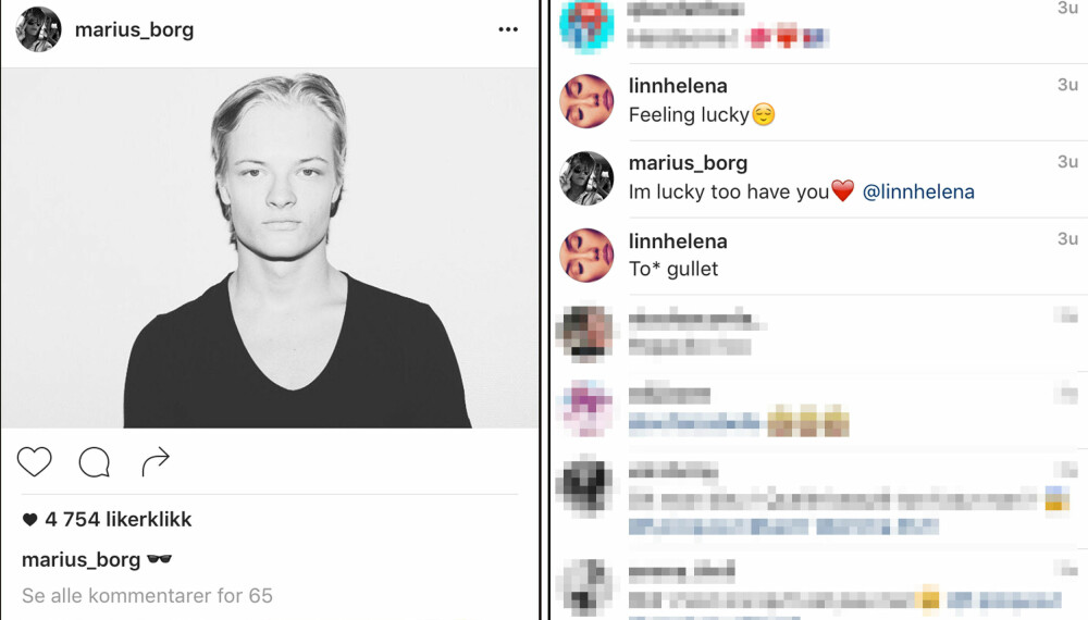 TRYKK FOR STØRRE BILDE. Marius Borg Høiby uttrykker sin beundring for Linn Helena Nilsen på sin Instagram-profil, hvor han har over 32.500 følgere. TRYKK FOR STØRRE BILDE. Marius Borg Høiby uttrykker sin beundring for Linn Helena Nilsen på sin Instagram-profil, hvor han har over 32.500 følgere.