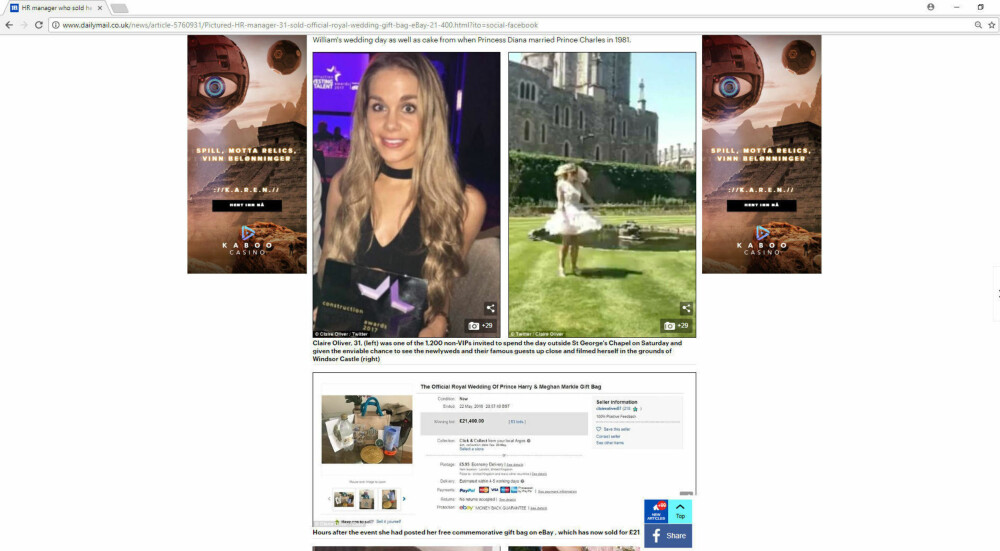 FIKK 232.000 KRONER: Claire Oliver (bildet) fikk over 232.000 kroner for den offisielle goodiebagen hun fikk utdelt i bryllupet til Harry og Meghan. FIKK 232.000 KRONER: Claire Oliver (bildet) fikk over 232.000 kroner for den offisielle goodiebagen hun fikk utdelt i bryllupet til Harry og Meghan.