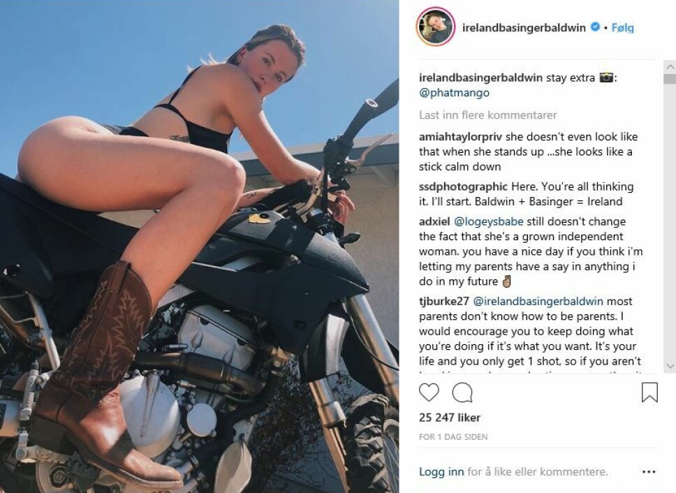 La ut dette bildet: Ireland Basinger-Baldwin la ut dette bildet på lørdag. Da fikk modelldatteren kjeft av pappa. La ut dette bildet: Ireland Basinger-Baldwin la ut dette bildet på lørdag. Da fikk modelldatteren kjeft av pappa.