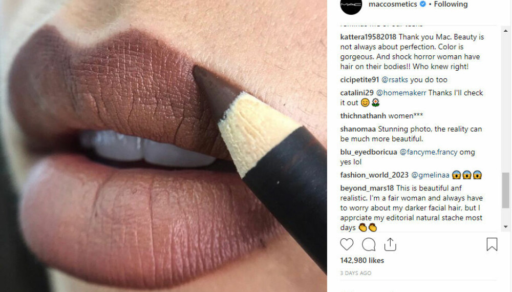 FIKK OPPMERKSOMHET: Dette bildet fra Mac har fått stor positiv oppmerksomhet på Instagram, fordi sminkemerket ikke redigerte vekk ansiktshårene til modellen. FIKK OPPMERKSOMHET: Dette bildet fra Mac har fått stor positiv oppmerksomhet på Instagram, fordi sminkemerket ikke redigerte vekk ansiktshårene til modellen.
