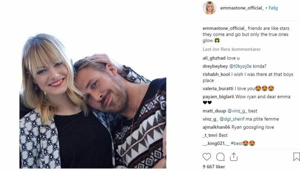 Emma og Ryan: De to har spilt i flere filmer sammen, noe som også har resultert i et godt vennskap. Emma og Ryan: De to har spilt i flere filmer sammen, noe som også har resultert i et godt vennskap.