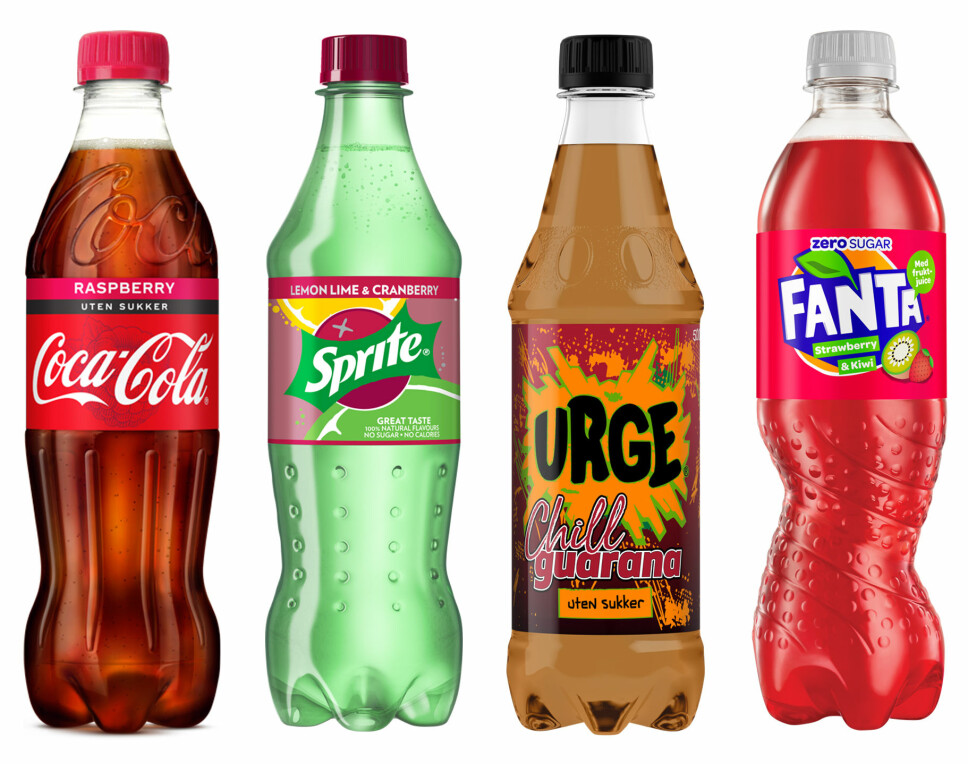HØSTNYHETER: Fra venstre sukkerfri Coca-Cola med bringebærsmak, sukkerfri Sprite med lime- og tranebærsmak, sukkerfri Urge Chill guarana og sukkerfri Fanta med jordbær- og kiwismak. HØSTNYHETER: Fra venstre sukkerfri Coca-Cola med bringebærsmak, sukkerfri Sprite med lime- og tranebærsmak, sukkerfri Urge Chill guarana og sukkerfri Fanta med jordbær- og kiwismak.