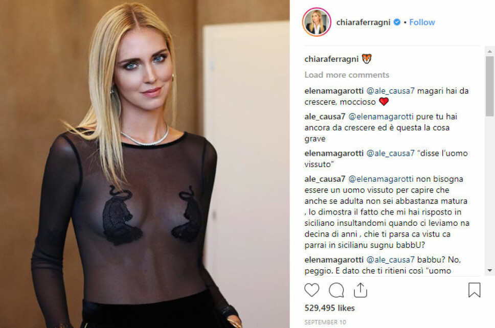 UNDERTØY BRUKT SOM KLÆR: Den italienske influenceren Chiara Ferragni i en gjennomsiktig body fra merket Intimissimi brukt som vanlig overdel. UNDERTØY BRUKT SOM KLÆR: Den italienske influenceren Chiara Ferragni i en gjennomsiktig body fra merket Intimissimi brukt som vanlig overdel.