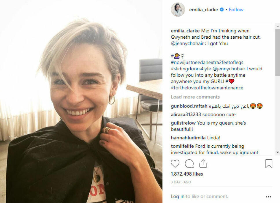 KORTERE HÅR: Emilia Clarke med den hittil korteste hårfrisyren vi har sett. KORTERE HÅR: Emilia Clarke med den hittil korteste hårfrisyren vi har sett.