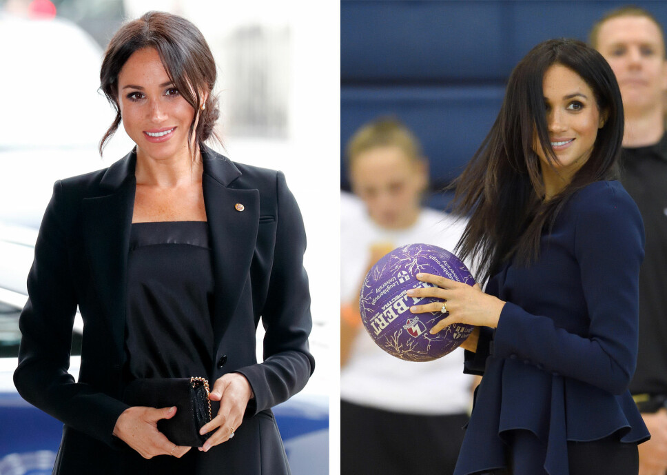 FØR OG NÅ: Den sporty frisyren til venstre har blitt hertuginne Meghans varemerke i tiden etter bryllupet. Nå er håret i en ball byttet ut med en elegant og rett frisyre som vi ser til høyre. FØR OG NÅ: Den sporty frisyren til venstre har blitt hertuginne Meghans varemerke i tiden etter bryllupet. Nå er håret i en ball byttet ut med en elegant og rett frisyre som vi ser til høyre.
