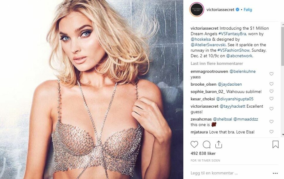 SVINDYR: Hvert år inkluderer Victoria's Secret en såkalt «Fantasy Bra» i sin kolleksjon, verdt en million dollar. I år er det den svenske modellen Elsa Hosk som har fått æren av å presentere kreasjonen på catwalken. SVINDYR: Hvert år inkluderer Victoria's Secret en såkalt «Fantasy Bra» i sin kolleksjon, verdt en million dollar. I år er det den svenske modellen Elsa Hosk som har fått æren av å presentere kreasjonen på catwalken.