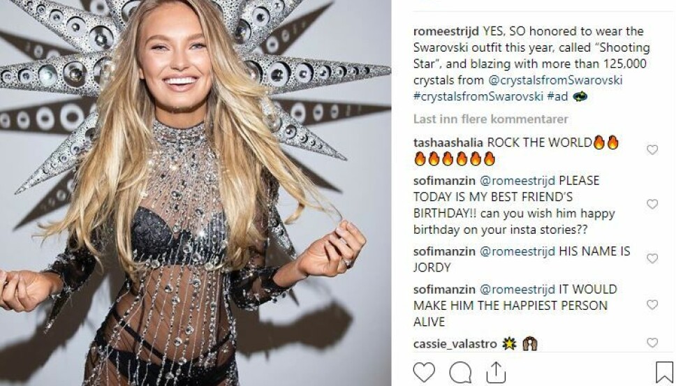 FEIRER FEM ÅR SOM ENGEL: Romee Strijd gjør det med stil og skal gå i årets Swarovski-kreasjon. FEIRER FEM ÅR SOM ENGEL: Romee Strijd gjør det med stil og skal gå i årets Swarovski-kreasjon.