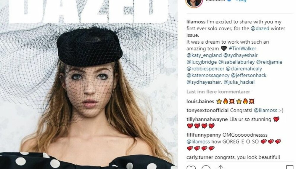 SPÅS EN LYSENDE MODELLKARRIERE: Lila Grace Moss er denne måneden å se på forsiden av Dazed Magazine. SPÅS EN LYSENDE MODELLKARRIERE: Lila Grace Moss er denne måneden å se på forsiden av Dazed Magazine.