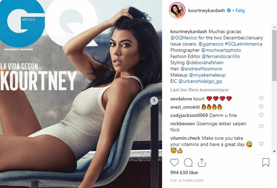 LETTKLEDD: Kourtney Kardashian er, i likhet med søstrene sine, ikke fremmed for å spille på kropp når hun fotograferes. Hun pryder forsiden av GQ Mexicos desember-/januar-utgave. LETTKLEDD: Kourtney Kardashian er, i likhet med søstrene sine, ikke fremmed for å spille på kropp når hun fotograferes. Hun pryder forsiden av GQ Mexicos desember-/januar-utgave.